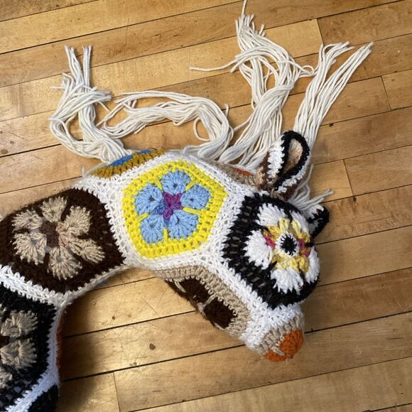 Vintage Crocheted Afghan Horse Pony Pillow Huge 18”x30” Floral Retro 70’s - Picture 10 of 16